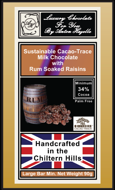 34% Sustainable Cacao-Trace Milk Chocolate with Rum Soaked Raisins 34% Sustainable Cacao-Trace Milk Chocolate with Rum Soaked Raisins