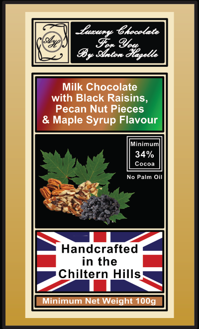 34% Milk Chocolate Fruit & Nut, Black Raisins, Pecan Nut Pieces & Maple Syrup Flavour