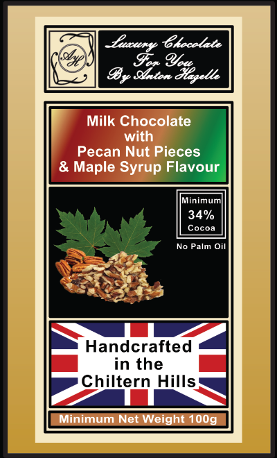 34% Milk Chocolate with  Maple Syrup Flavour + Pecan Nut Pieces