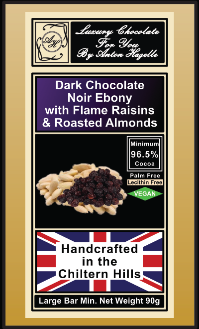 96.5% Dark Chocolate Noir Ebony with Flame Raisins & Roasted Almonds 96.5% Dark Chocolate Noir Ebony with Flame Raisins & Roasted Almonds