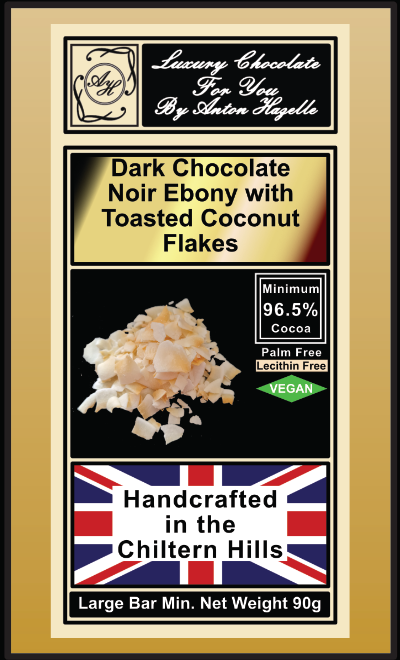 96.5% Dark Chocolate Noir Ebony with Toasted Coconut Flakes & Flavour 96.5% Dark Chocolate Noir Ebony with Toasted Coconut Flakes & Flavour